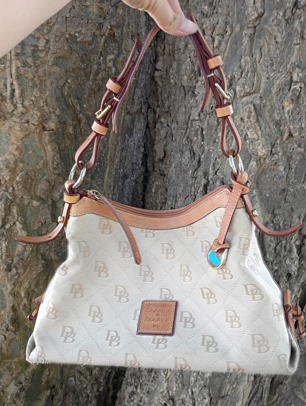 Dooney & Bourke Cream Logo Shoulder Bag with Tan Trim and Brown Handles